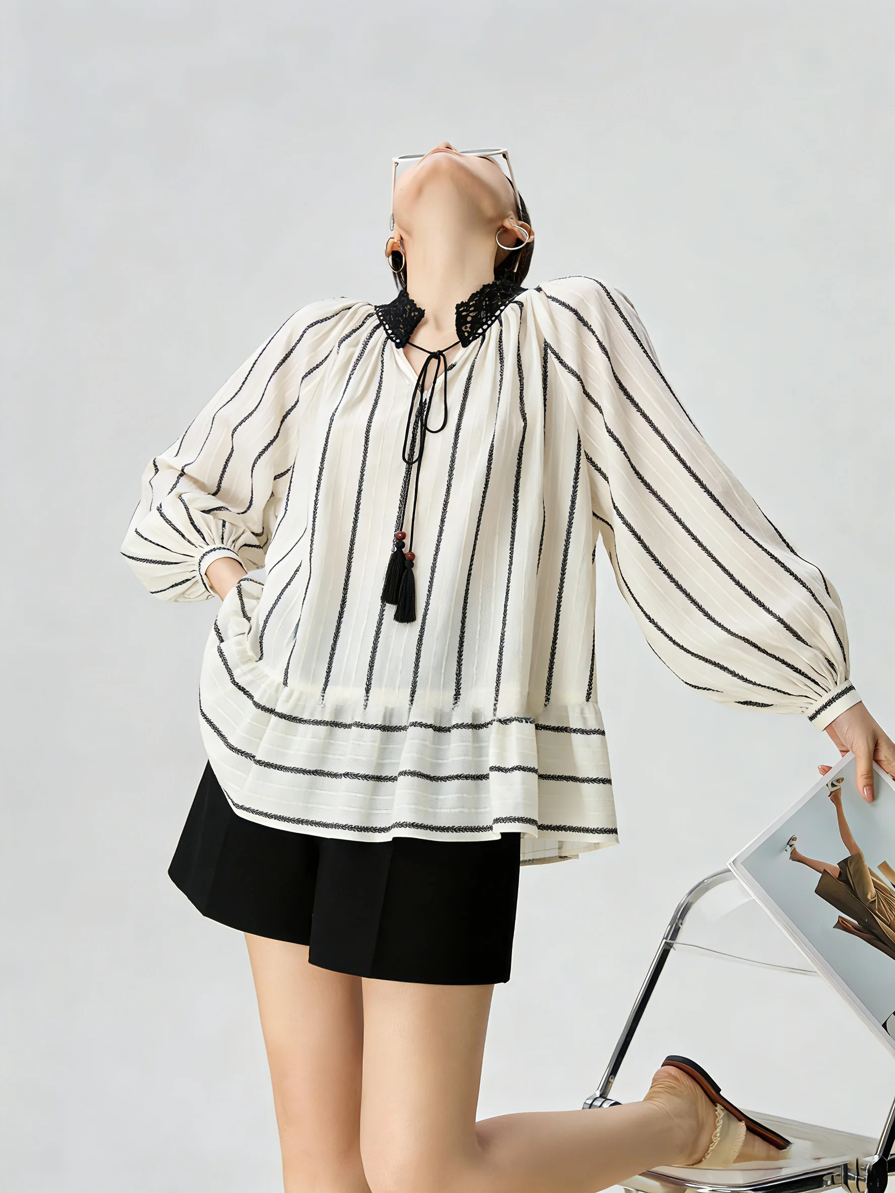 

Bla White Striped Long Sve Lace Collar Tassel Trim irt Women's Unique Beautiful Top Spring 2026 Casual Sle Loose Fit