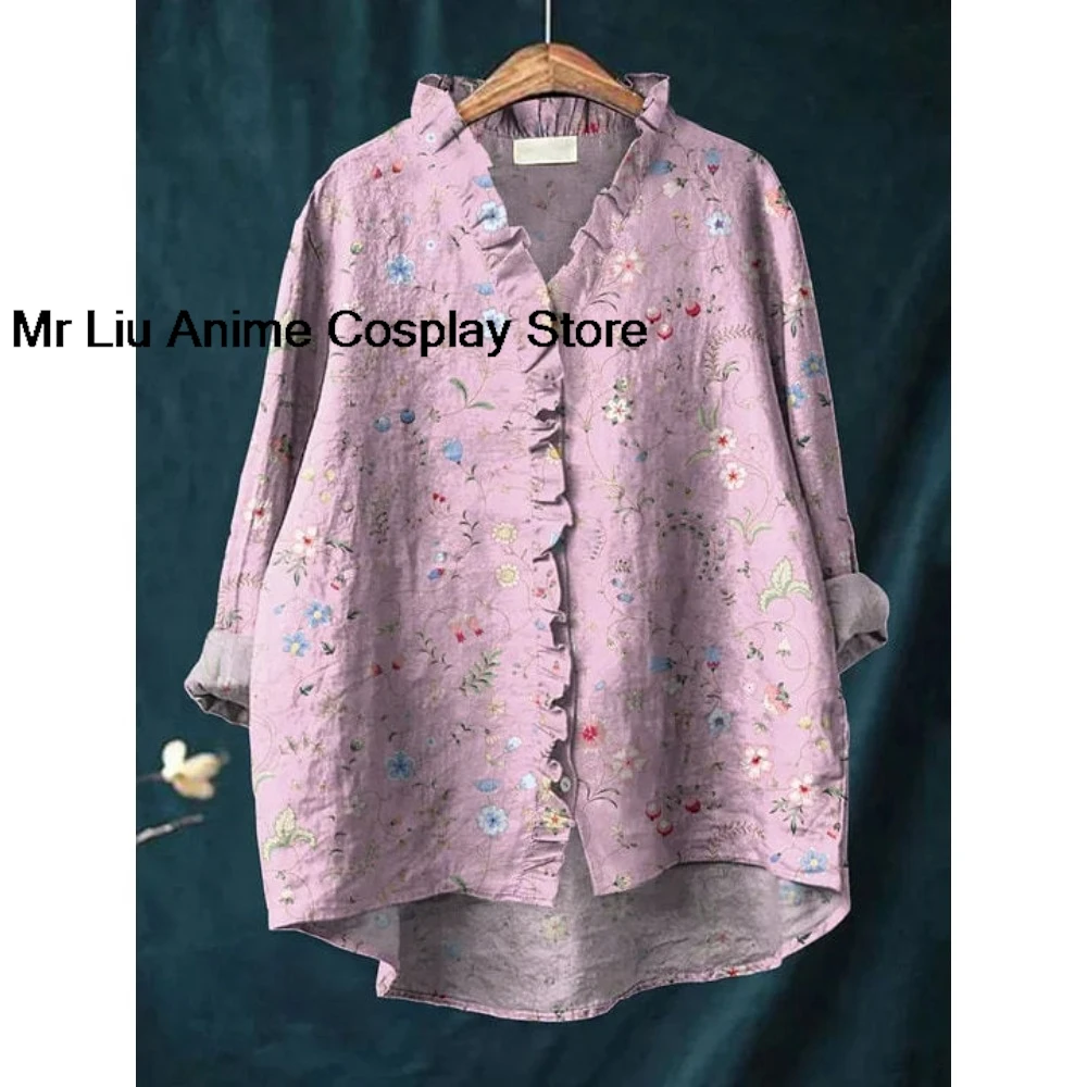 Romantic Cottagecore Shirt with Ruffled Collar Women Vintage Patchwork Bohemian Blouse Bubble Crepe Loose Fit Blouse Tops view 5
