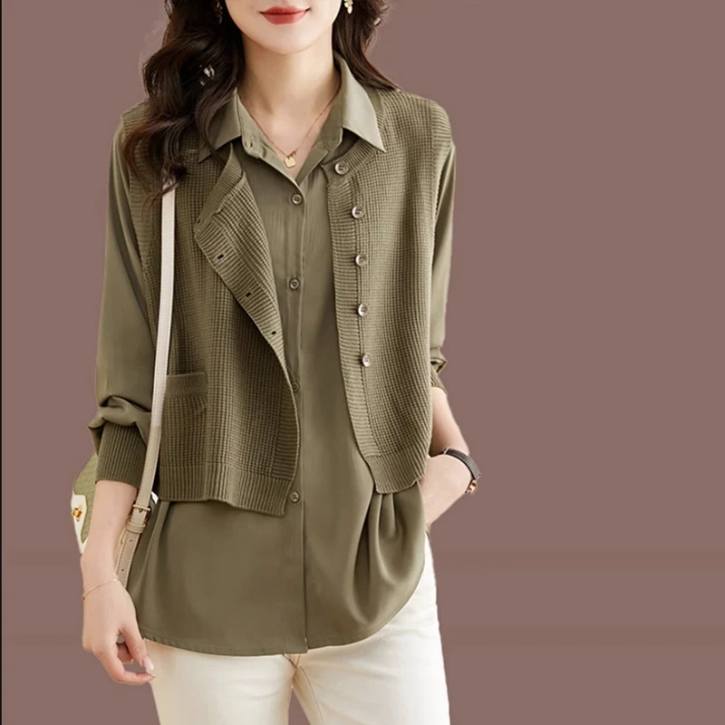 Dames Vest Gebreide Trui Voor Lente Herfst 2023 Nieuwe Mode Patchwork Turn Kraag Valse 2 Stuks Office Lady Shirt Tops