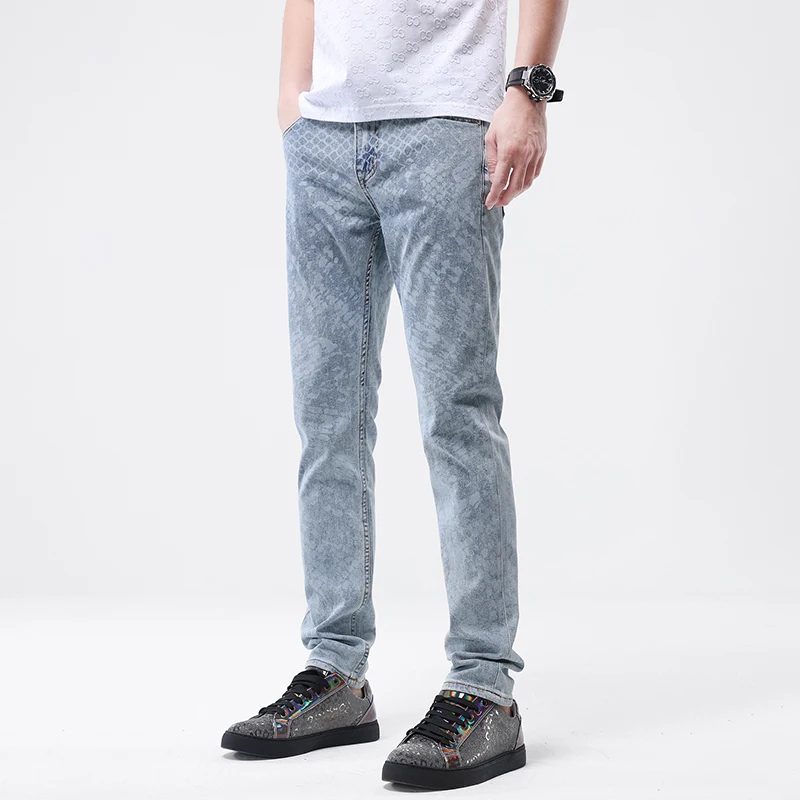 Calça fina retrô estica casual exclusiva da moda masculina, high-end, luxo acessível, design de nicho, jeans estampado completo