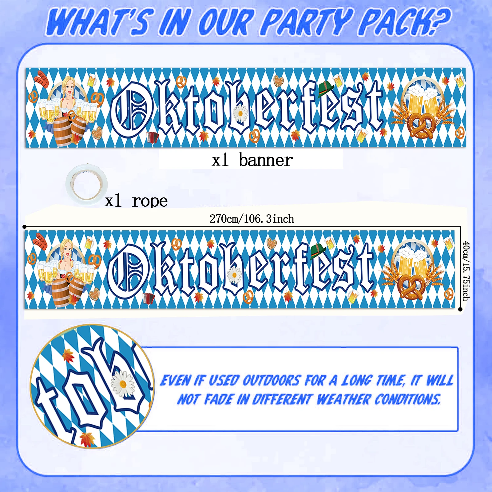 1pc Oktoberfest Banner Decoration, 270 x 40 cm, Bavarian Oktoberfest Party Decoration, Bavarian Oktoberfest Decoration, Blue wit