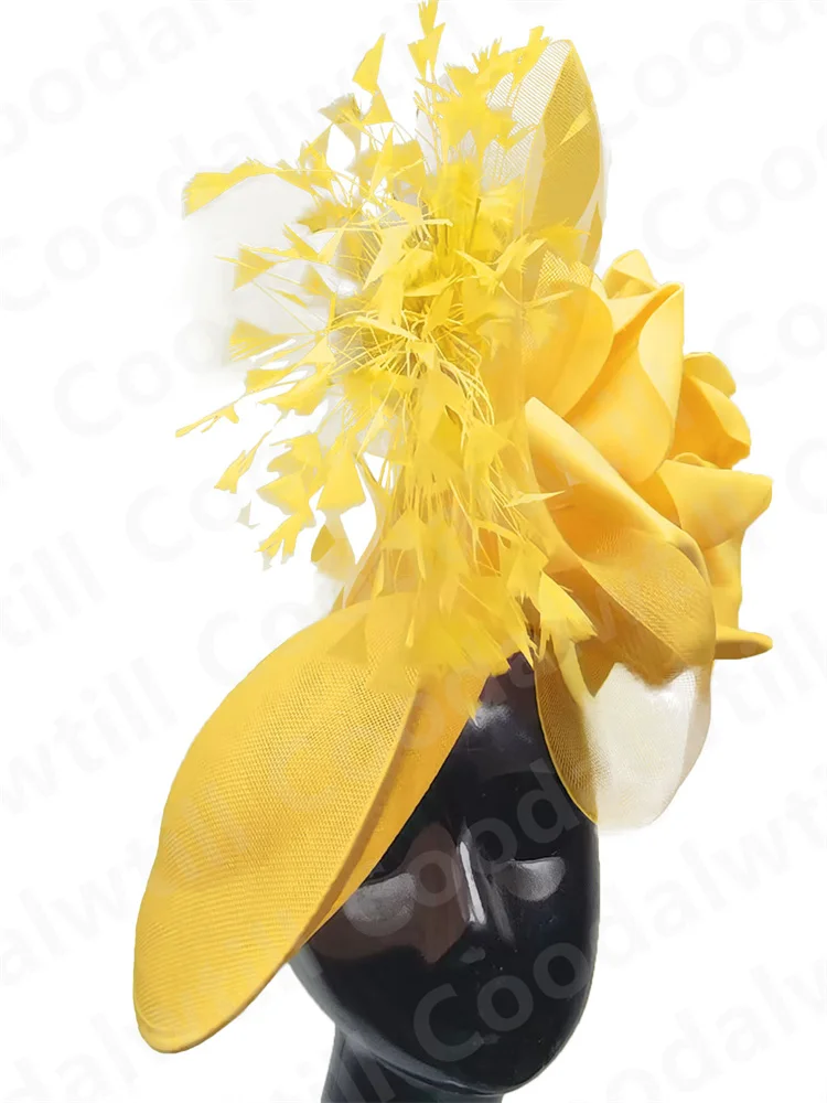 Żółty Fascinator Duży Kwiat Kapelusz Kobiety Elegancki Królewski Ascot Nakrycie Głowy Panie Kościół Koktajl Chapeau Cap Feather Fancy Fascinator