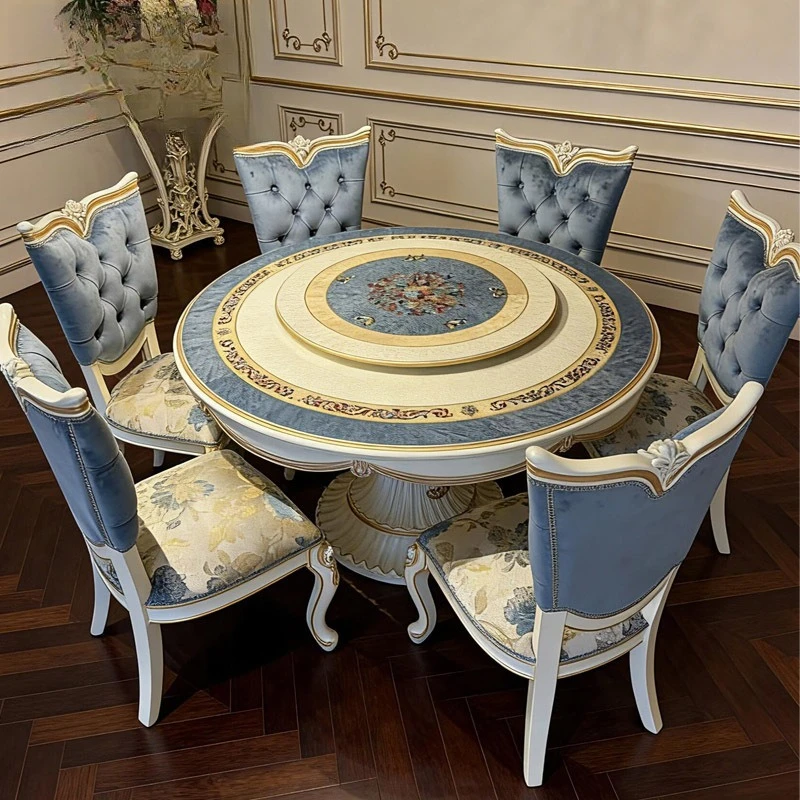 Retro furniture luxury European villa restaurant solid wood disc dining table and chair combination round dining table