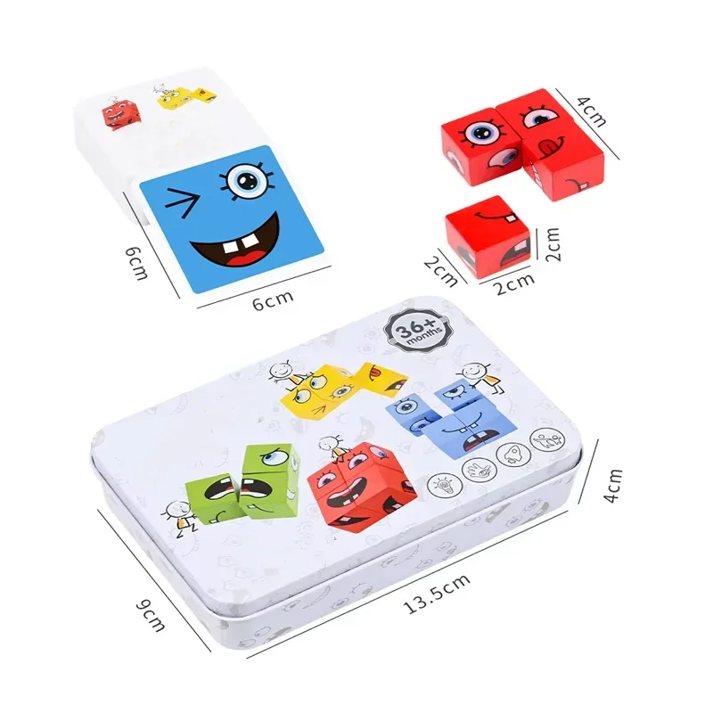 Kubus Gezicht Verandering Bouwstenen Bordspel Houten Puzzel Montessori Uitdrukking Houten Blokken Blocos Voor Kinderen Kinderen Speelgoed Cadeau