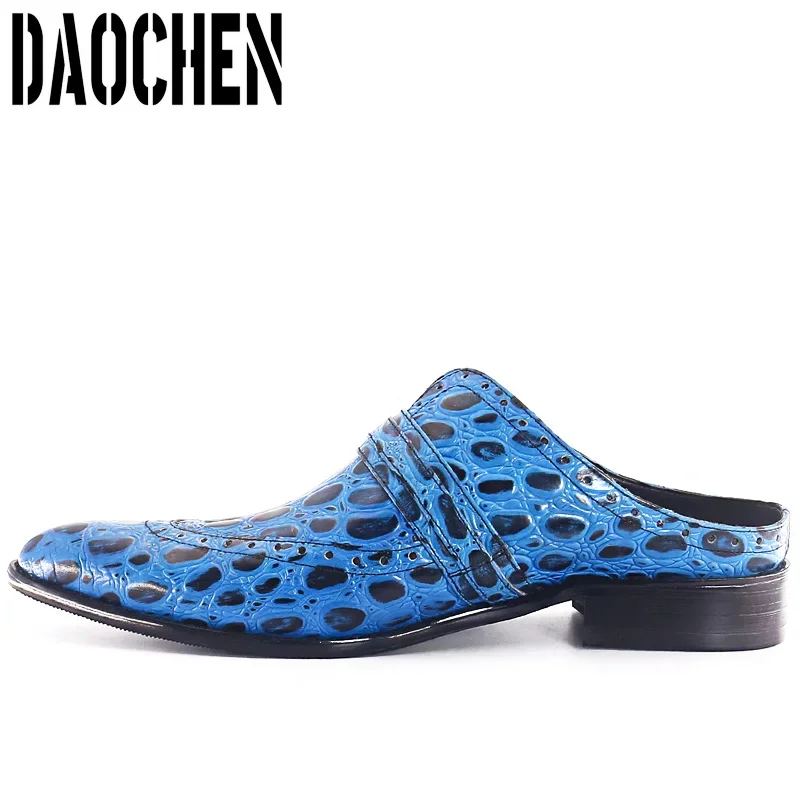 Luxury Mens Leather Shoes Blue Black Slip On Lizard Print Casual Dress Men Shoes Summer Party Banquet Half Shoes For Men