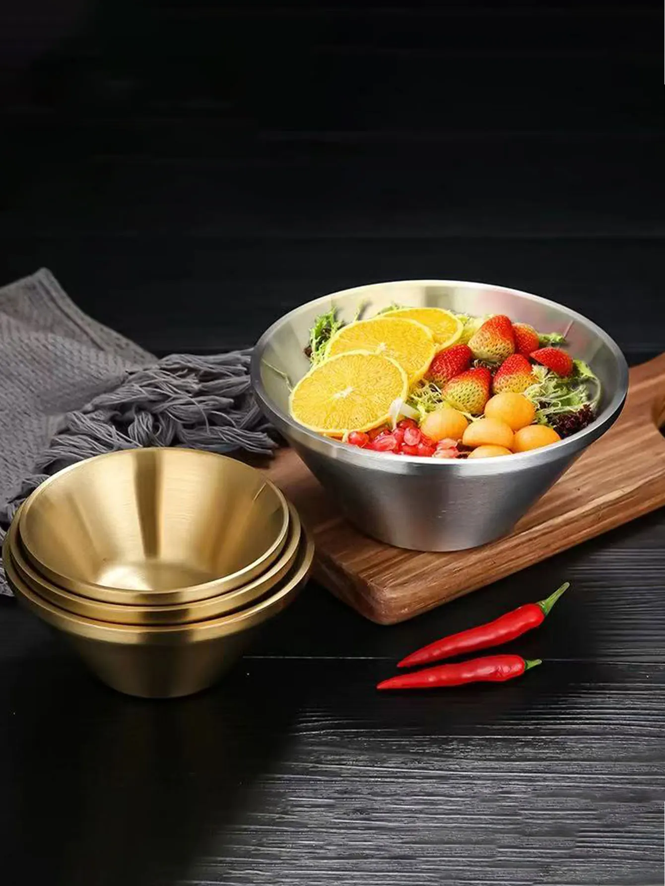 Korean-Style Conical Bowl 304 Stainless Steel Trumpet-Shaped Bowl V-Shaped Soup Bowl Rice Bowl Trendy Shaved Ice Salad Snowflake Ice Bowl 1 Piece