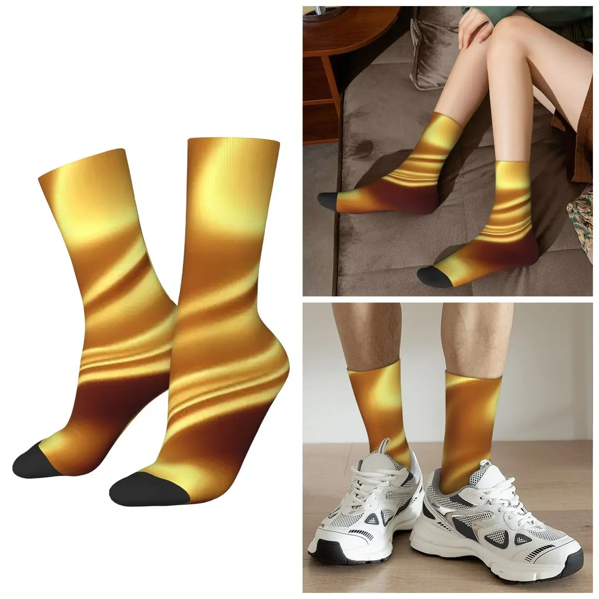All Seasons Golden Fabric Geometric Wave Pattern Socks Harajuku Sport Middle Tube Socks Funny Stockings for Men Women