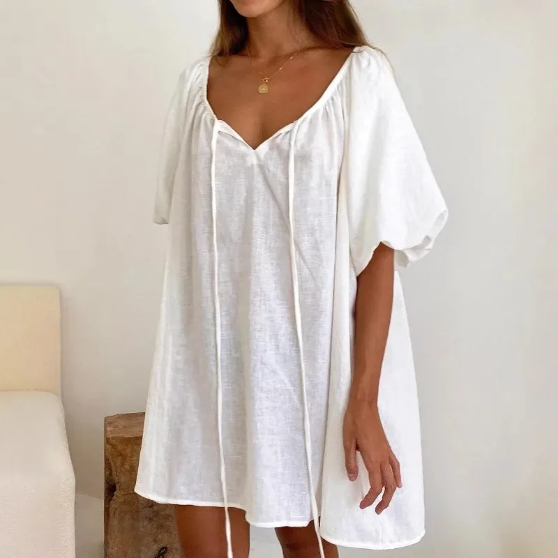 2026 Summer White Sleep Dress for Women Casual 100% Cotton Loose Nightgown Breathable Comfortable Home Wear with Adjustable Tie