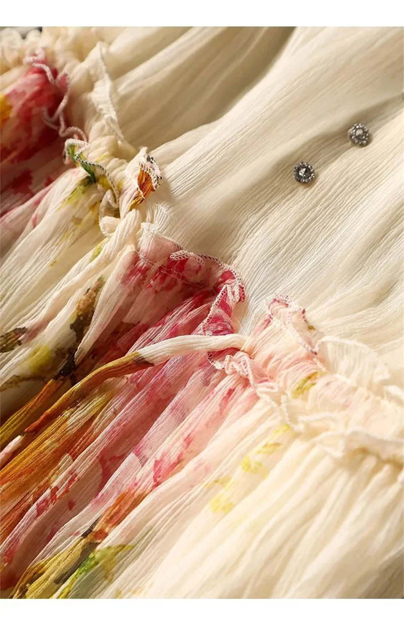 Verão floral impressão vestidos de seda camadas duplas plissado frisado botão a linha vestido elegante chiffon vestidos longos z044