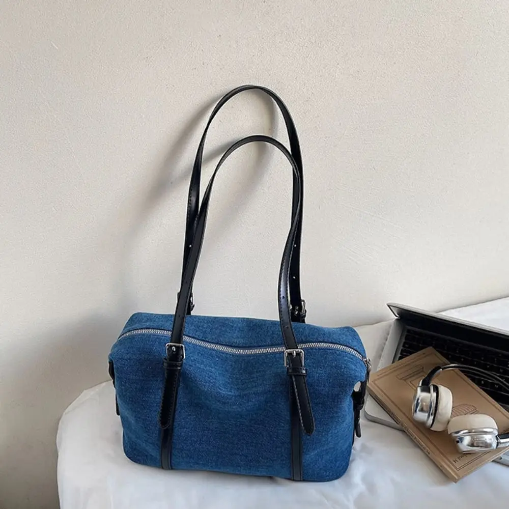 

Casual Korean Style Denim Tote Bag Solid Color PU Leather Large Capacity Handbag Bohemian Style Tote Bag Underarm Packs Women