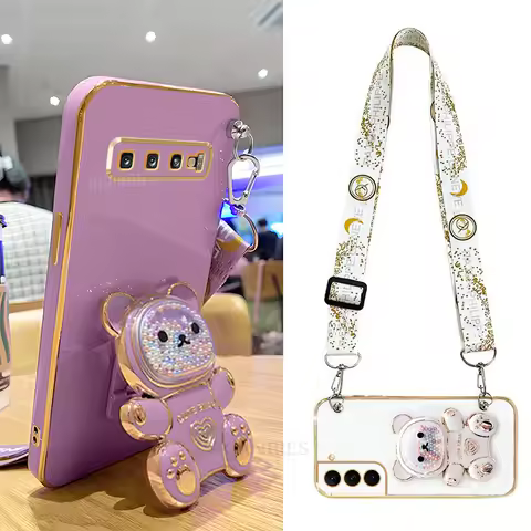 S 10 20 9 21 22 23 Crossbody Lanyard Bear Silicone Case For Samsung Galaxy S10 S20 S9 S21 S22 S23 S24 Plus Ultra Fe Holder Cover