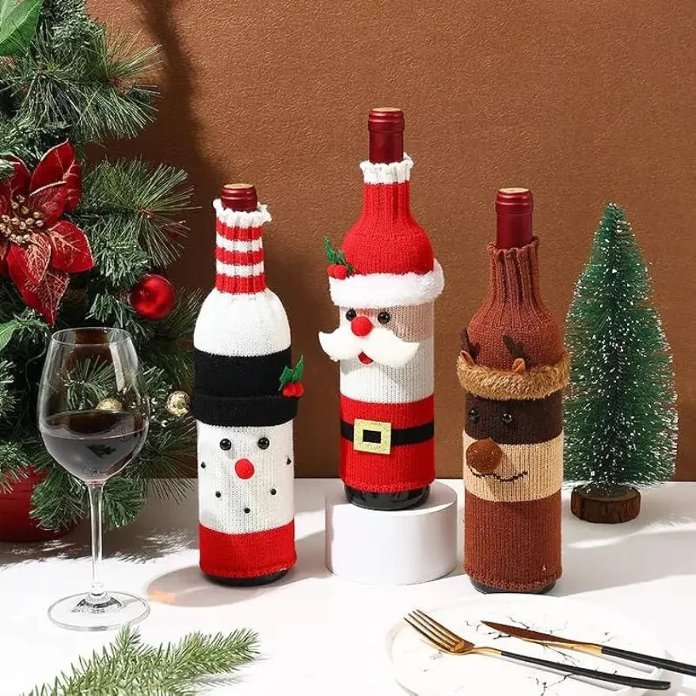 

Christmas Wine Bottle Cover Set Santa Snowman Woven Wine Bottle Bags for Christmas Party Dinner Table Decorations New Year Gifts