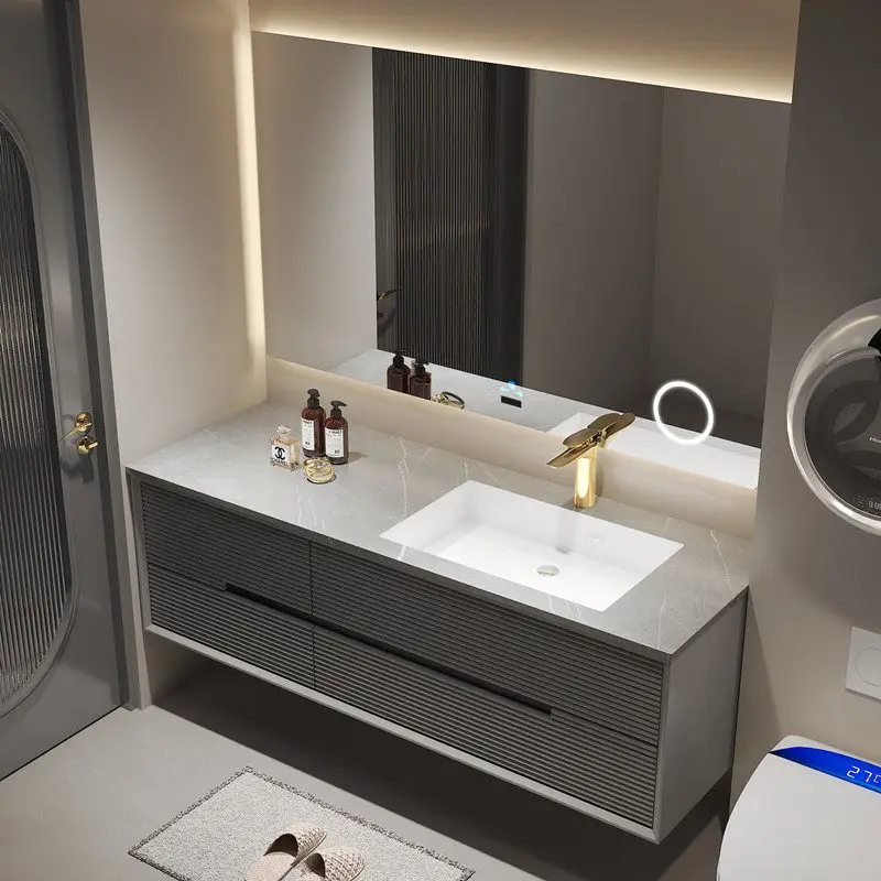 

Modern Bathroom Mirror Cabinet Combination Storage Cabinet Slate Countertop Ceramic Seamless Connection Integrated Basin