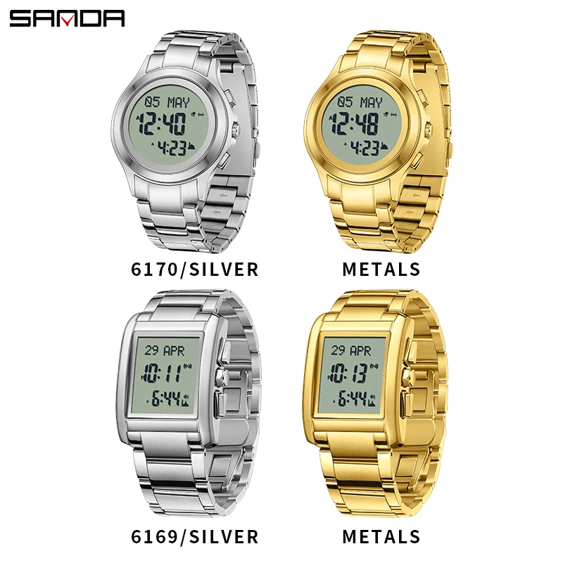 SANDA 6169 Luxury Stainless Steel Strap Men Electronic Watches Fashion Round Square Luminous Waterproof LED Digital Male Watch