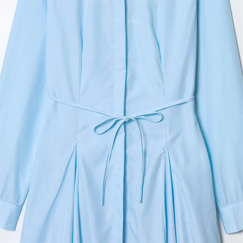 dames nieuwe stijl temperament slim fit revers lange mouwen vetersluiting decoratie casual effen kleur shirt lange jurk