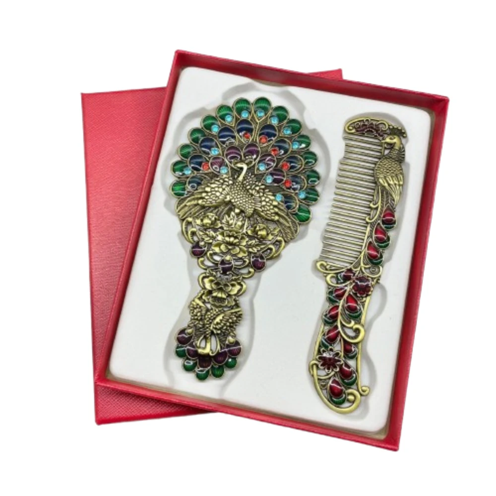 Przenośny zestaw lusterka do makijażu z grzebieniem w stylu pawia, ręczne lusterko do makijażu w stylu vintage, lusterko kosmetyczne z rzeźbieniami i cyrkoniami.