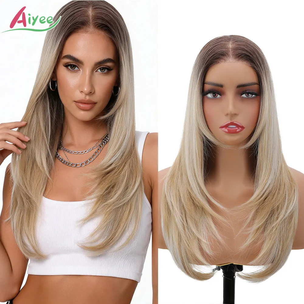 Rooted Honey Blonde Caramel Brown Ombre 22 13x3 Straight Layered Cut Lace Front Wig HighTempFiber Synthetic Cosplay Women Wigs