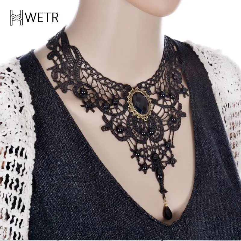 1Pc Gothic Punk Style Gem Decoration Women Black Lace Beads Choker Collar Necklace Chocker Pendant Necklaces Jewelry Gift