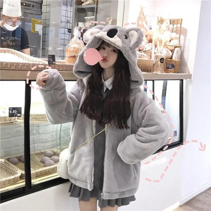 Mantel Koala musim gugur musim dingin, mantel ritsleting wanita, Hoodie saku longgar Harajuku Kawaii bertudung manis 2024