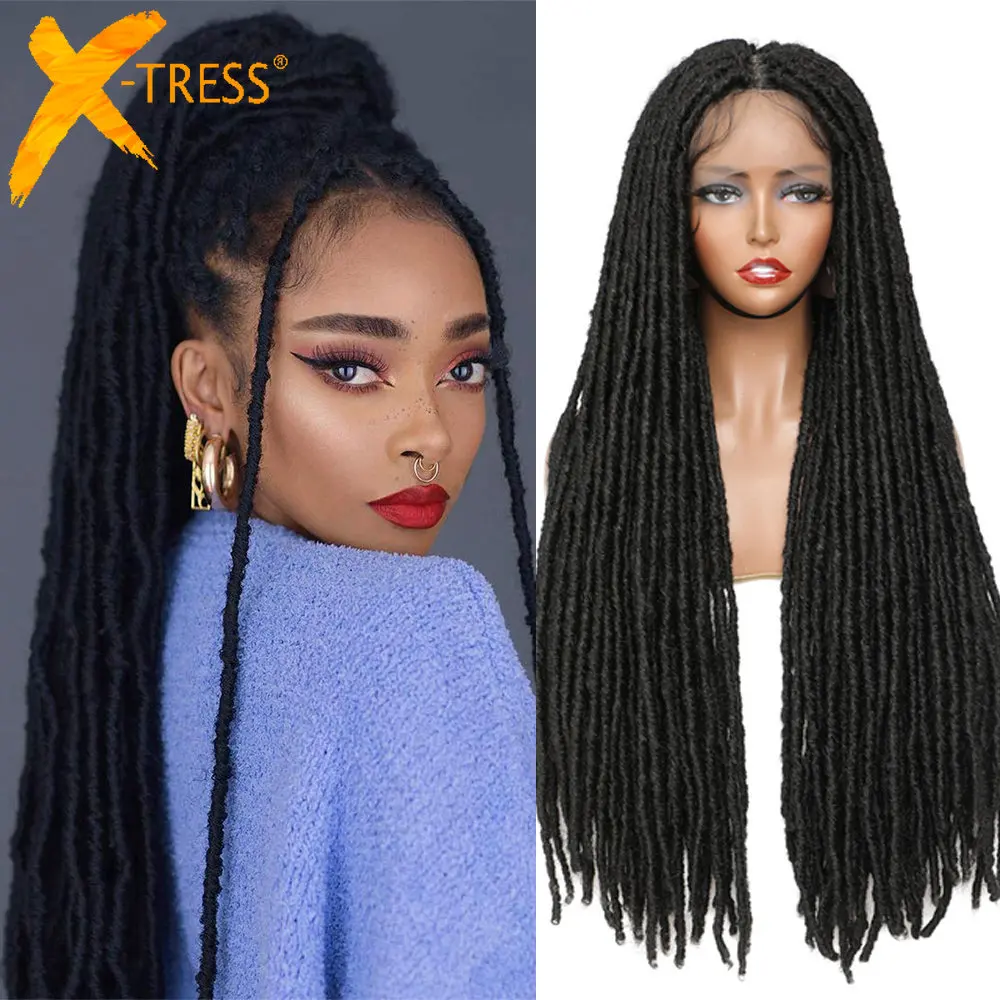 

X-TRESS Synthetic Full Lace Front Braided Wig Hand Made Lace Frontal Faux Locs 32" Long Straight Faux Locs Hair Wig For Women