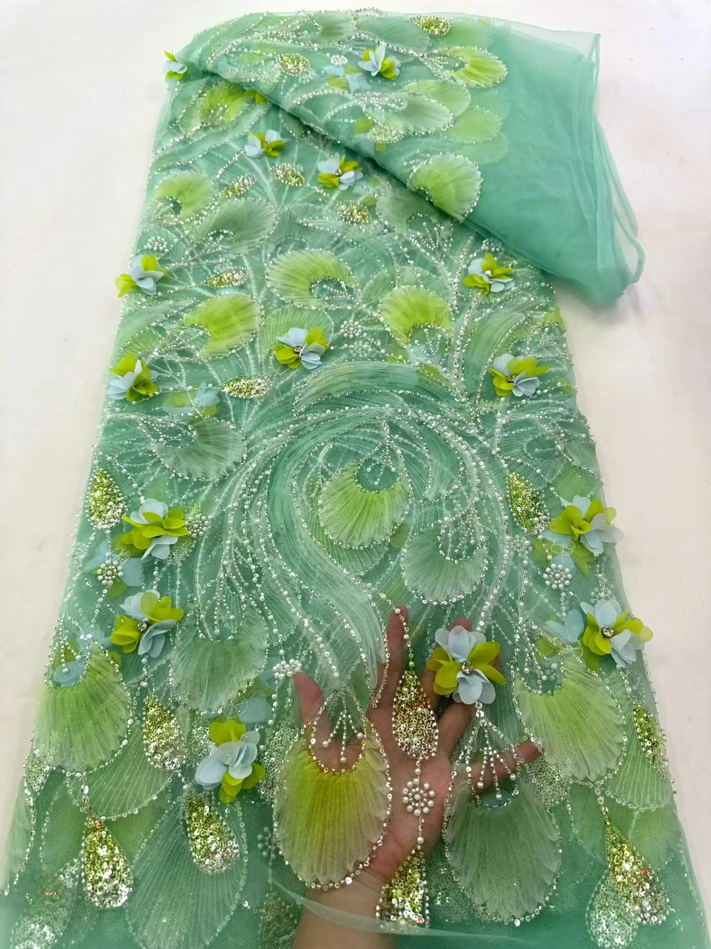 

Африканское кружево 5 ярдов, высококачественное, 2026, нигерийское, зеленое, с пайетками, бисером, 3D вышивкой, цветочное, для шитья