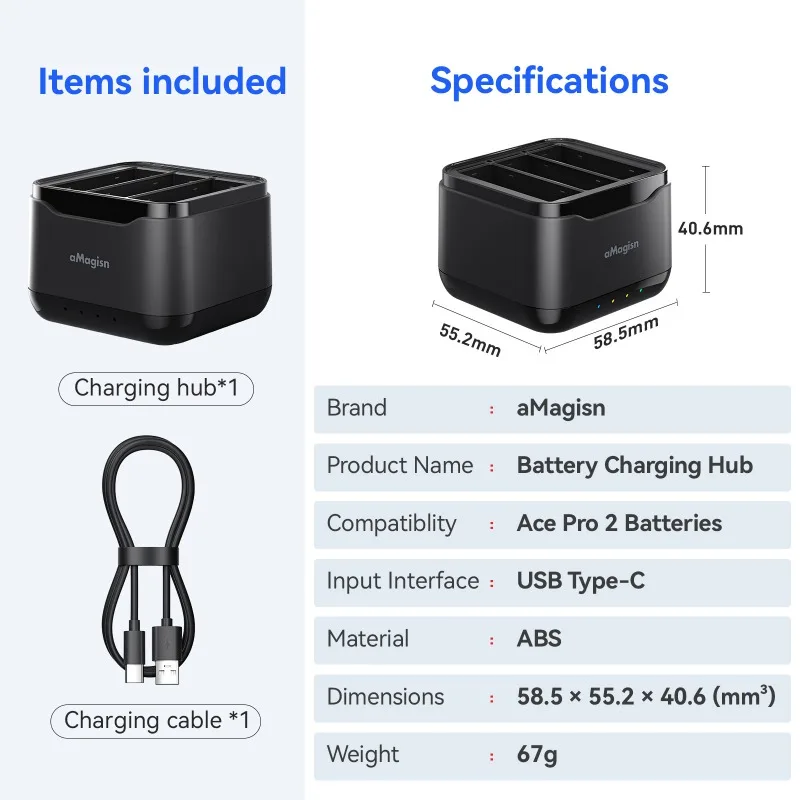 شاحن بطارية aMagisn لـ Insta360 AcePro2 فتحة بطارية ثلاثية شاحن بطارية جهاز شحن صندوق تخزين الملحقات