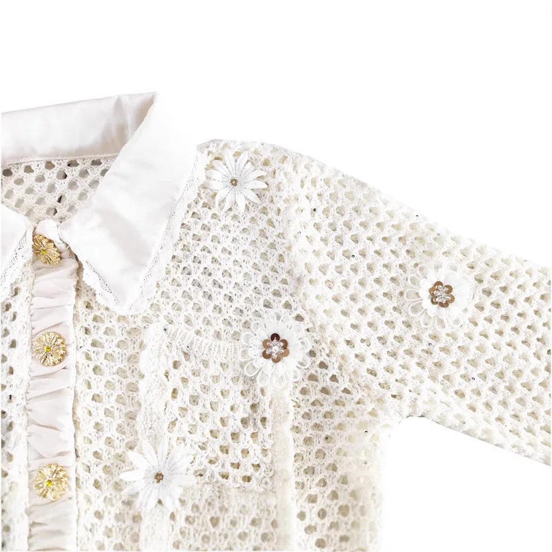 2025 Spring New Lapel Long-sleeved Flower Bead Stitching Loose Thin Hollow Knitted Cardigan Jacket For Women