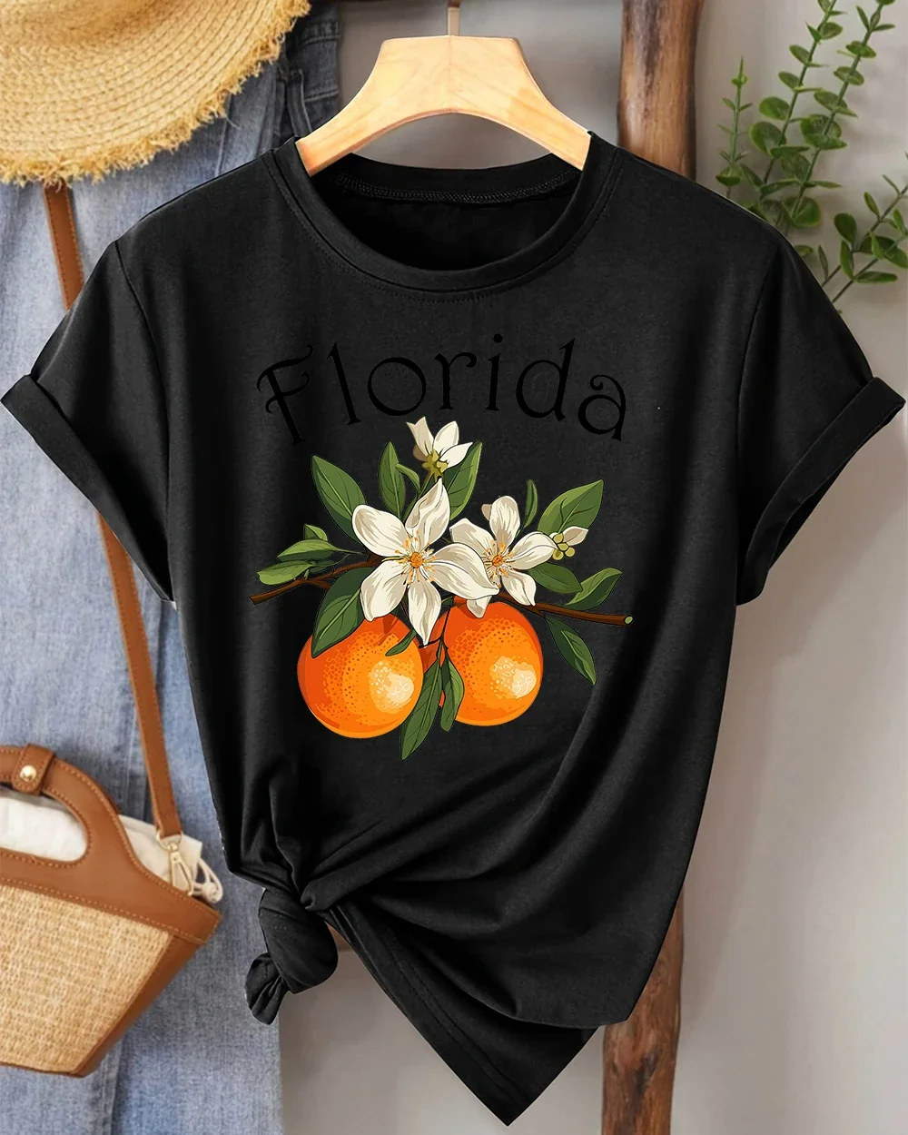 Florida Oranges Fruits Print Retio T Shirt Female Summer Casual O-Neck Top Women Basics Slim Clothes Comfortable Short Sleeve