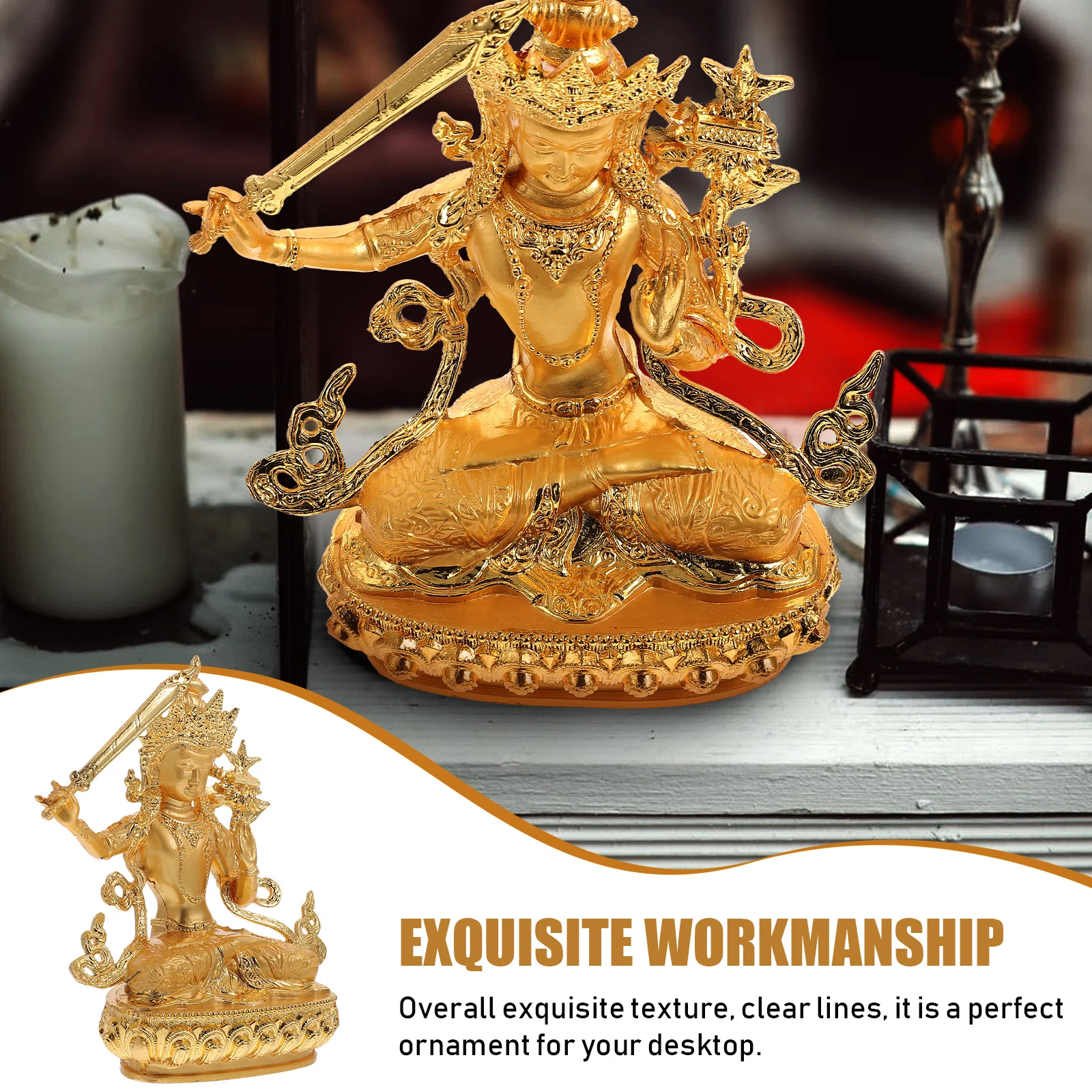

Gilded Manjushri Buddha Figurine Alloy Desktop Sculpture Decor Religious Model Small Size Lightweight Buddhism Office
