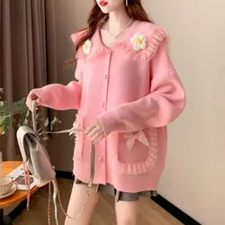3D Flower Peter Pan Collar Packets Bow Lace Cardigan Sweaters Women Pullover 2025 Autumn Winter New Loose Knitted Sweater Tops