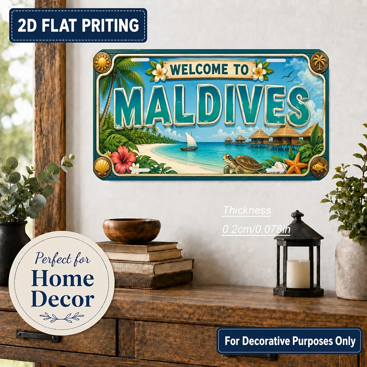 2D Flat, [2D Flat] 2D Flat Print, 1pc, Maldives Themed Vintage License Plate, Home Decoration, Birthday Gift, Vintage Wall Art,