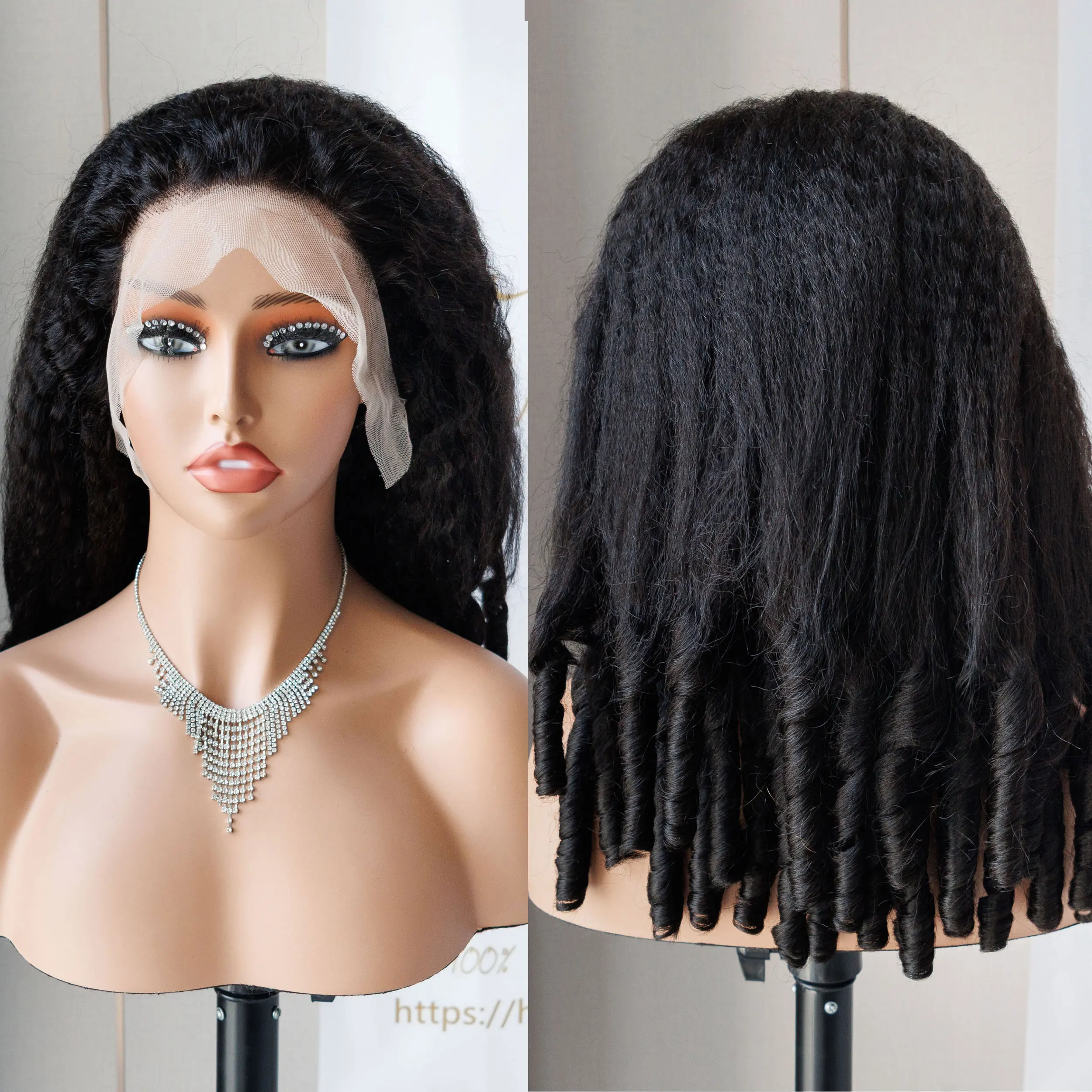 100% Raw Human Hair Wigs QQKKS 13*4 Lace Frontal Wig Double Drawn 300% Density Kinky Straight Wig with Sprial Curl End