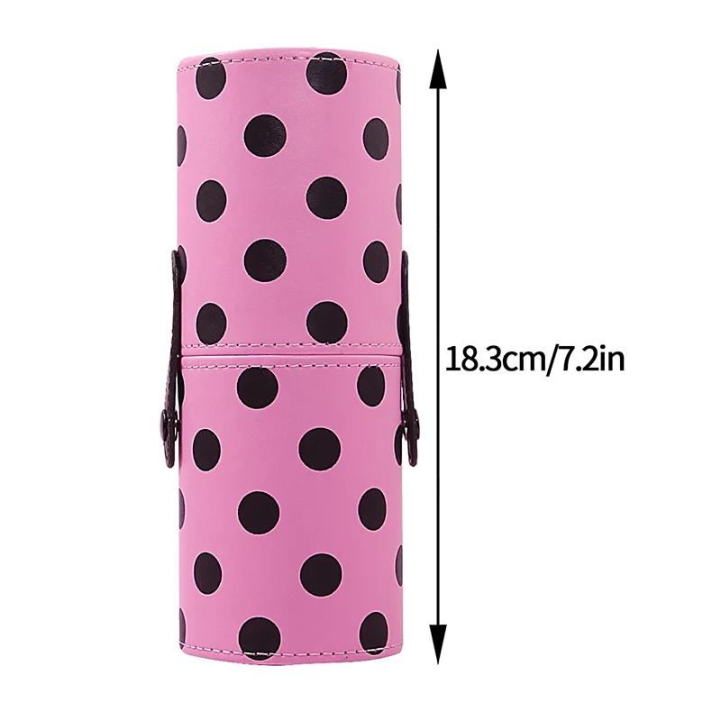 دلو تخزين فرشاة مكياج من البولي يوريثان باللون الوردي منقط، دلو مكياج مغطى بسعة كبيرة، تخزين محمول للسفر