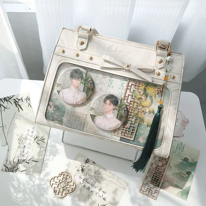 Y2k Women Vintage Ita Shoulder Bag Lolita Girl Transparent Pocket Fashion Aesthetic Crossbody Bags Cute Bow DIY Display Handbags