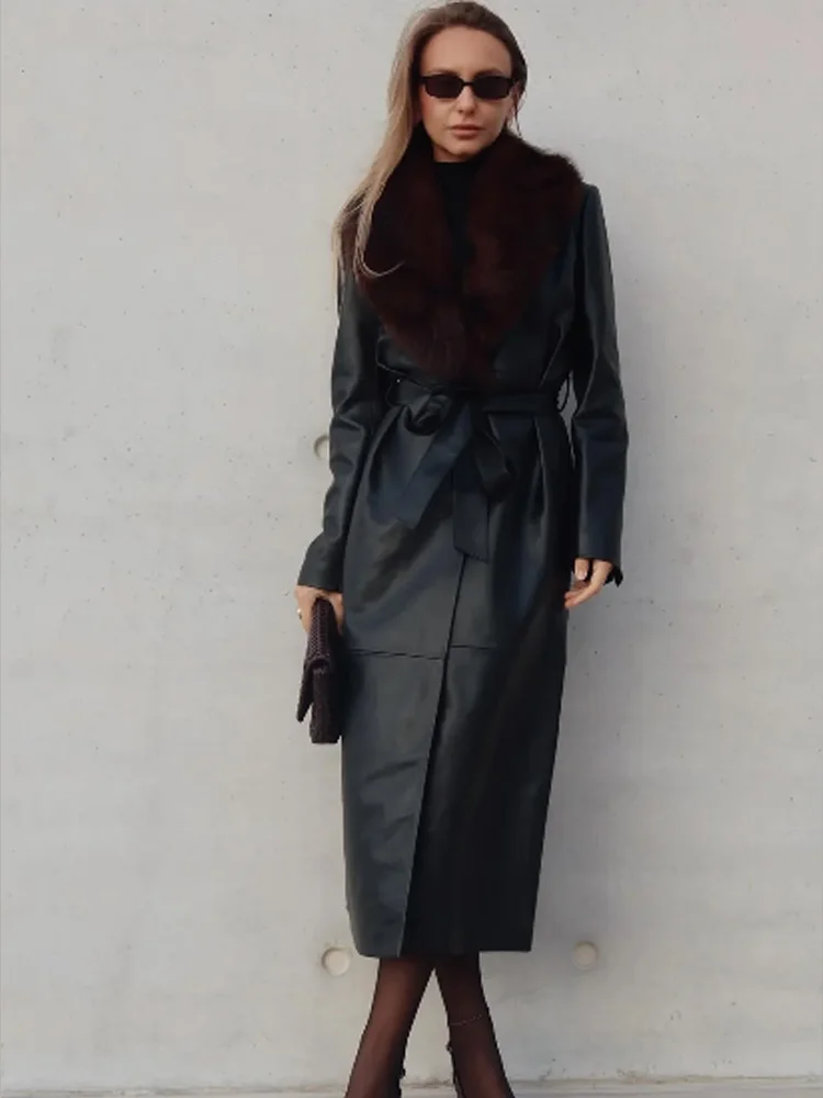 HH Women Winter Warm Jackets Black Fur Turn-Down Collar Lace-Up Decoration Single Breasted Women's Fashion Long Sleeves Coats