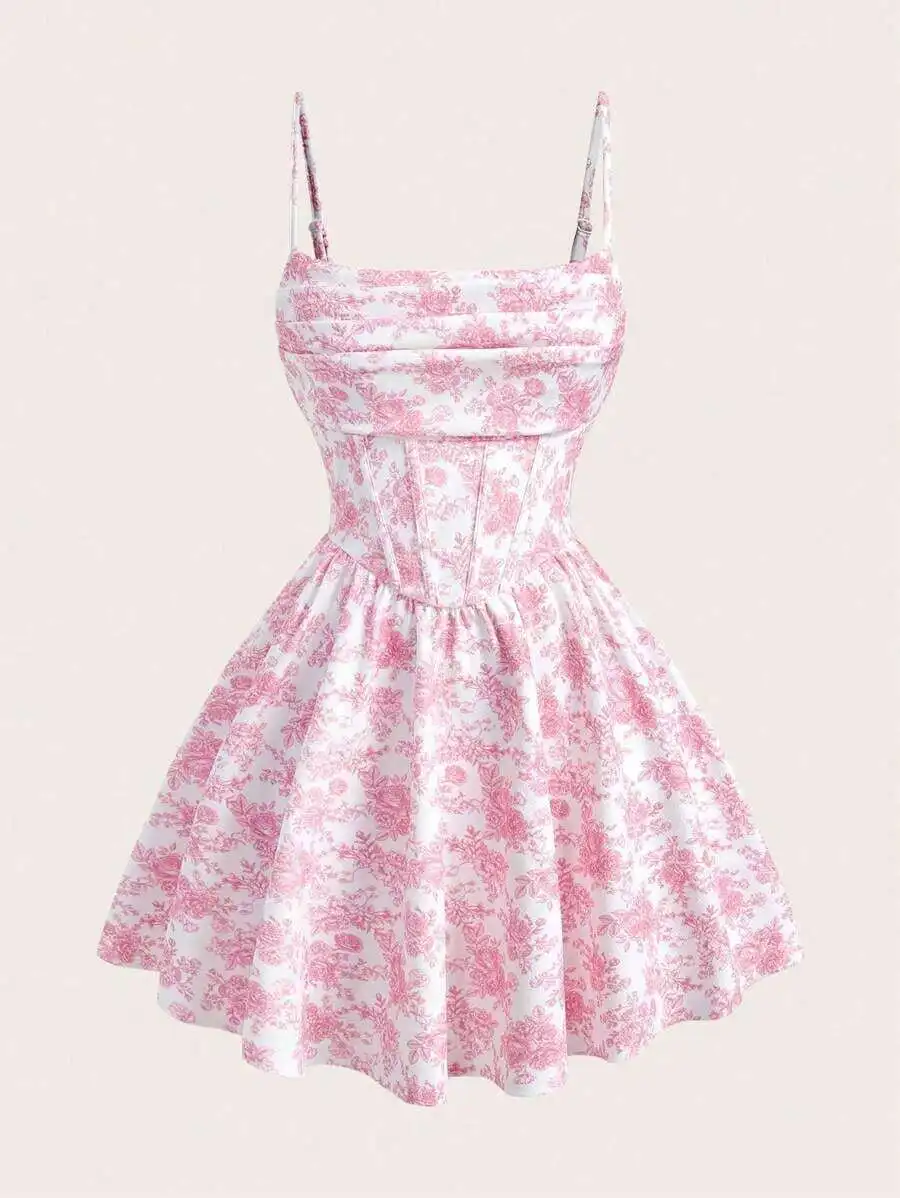 

Womens Pink Floral Print Ruffle Spaghetti Strap Mini Dress High Waist Flared Summer Vacation Dress