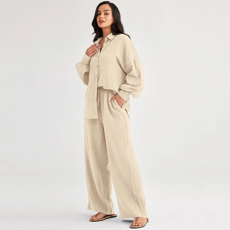 

New Fashion Loose Solid Color Two Piece Set Women's Casual Solid Buttons Long Sleeved Lapel Office Lady Shirt Wideleg Pants Suit
