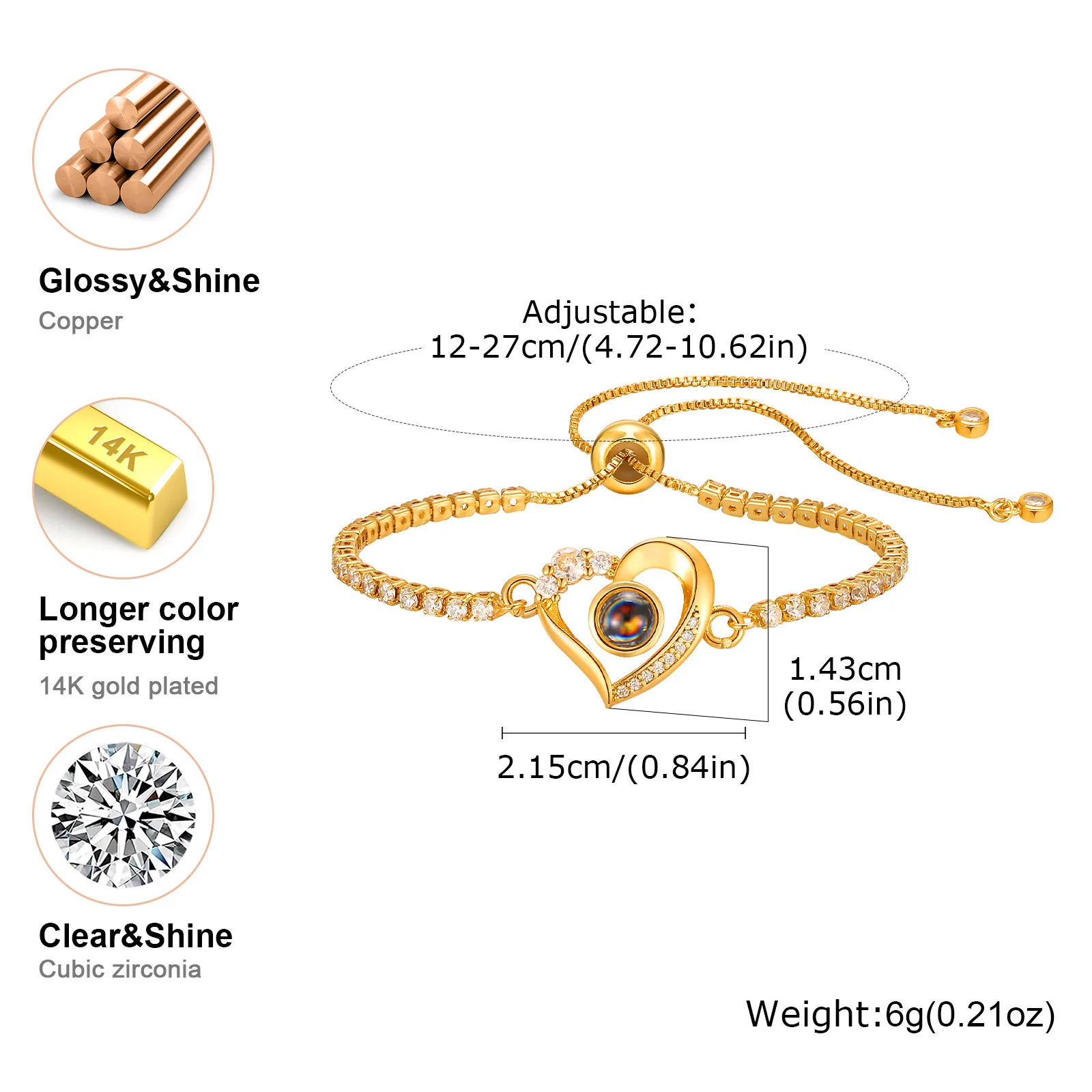 Custom Bracelets with Picture Inside, Personalized Photo Bracelet, Zirconia Chain Adjustable, Memorial Gifts for Loved Git