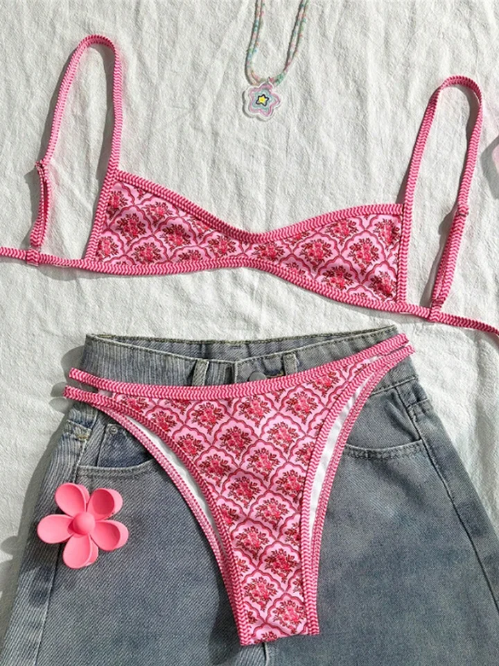 Vzvn 2025 Bather Bathing Suit Swim Flowers Printed High Leg Cut Bikini Female Swimsuit Women Swimwear Two-pieces Bikini Set