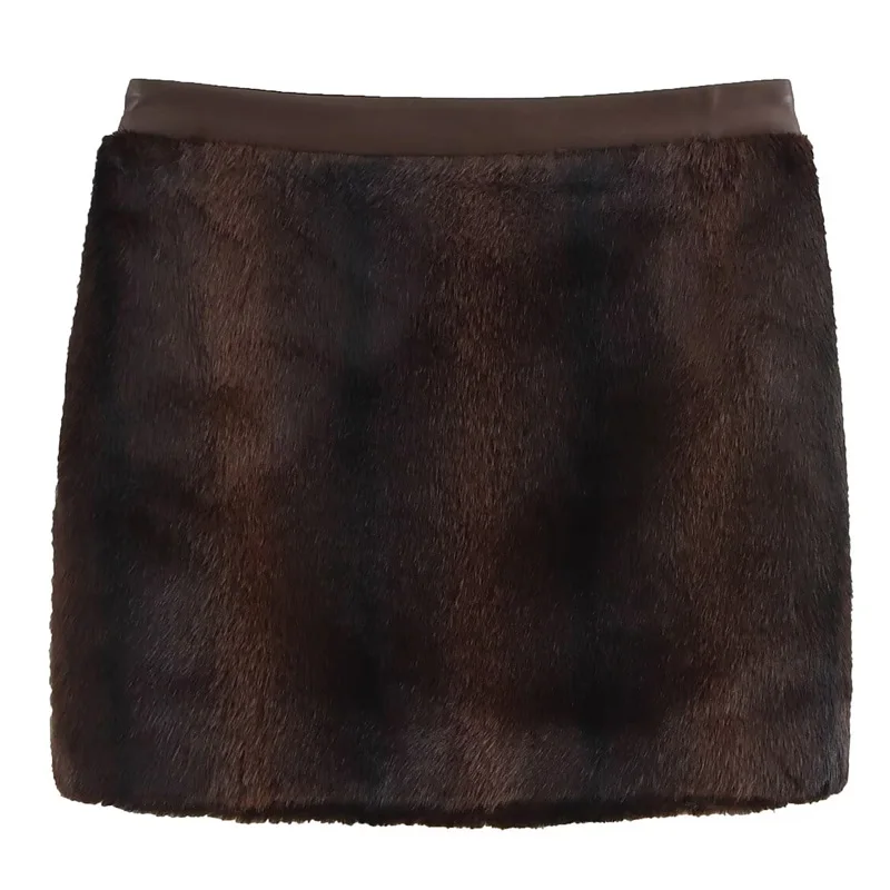 TRAF Mini Faux Fur Skirt Women's Skirt Hairy Brown High Waist Skirt A-Line Plush Fluffy Skirts For Women Korean Style Skirt 2025