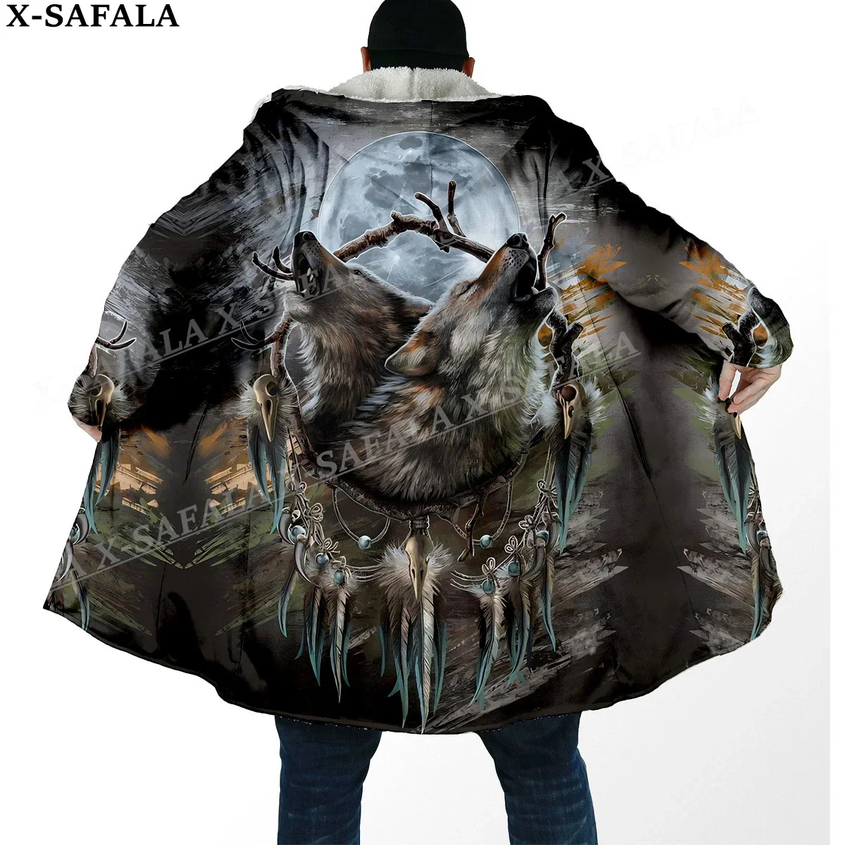 Elegant Native Wolf Spirit Totems Arts Thick Warm Hooded Cloak Men Overcoat Coat Windproof Fleece Cape Robe Hooded Blanket-9