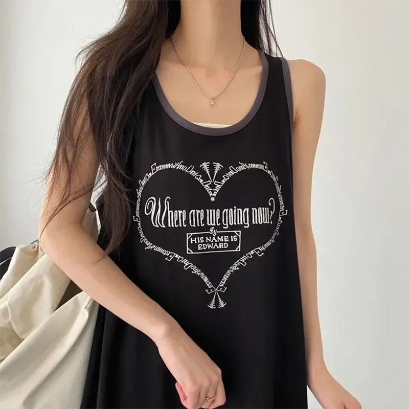 2024 Summer Women Sleeveless Dresses Side Slit Long Dresses Korean Style Female Loose Vest Dress Fashion Printed Streetwear