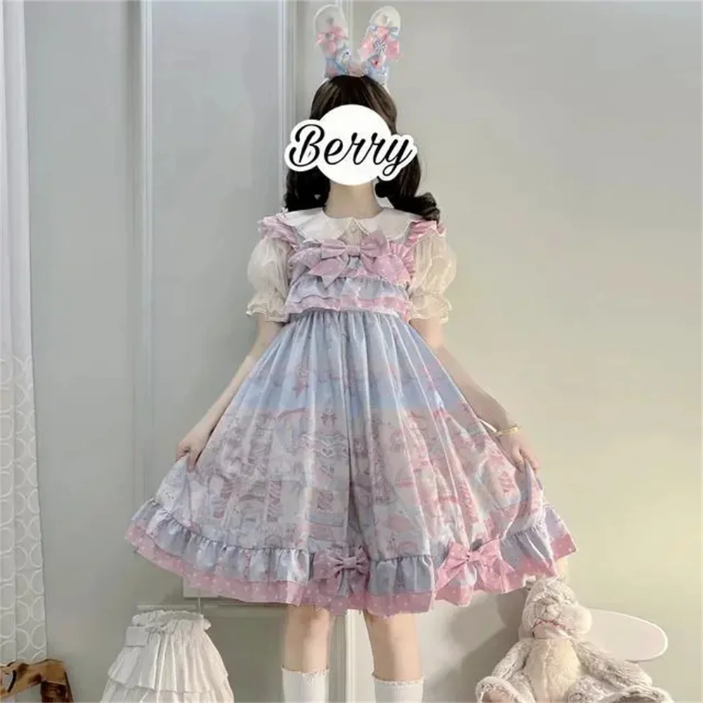 Parco divertimenti per ragazze giapponesi stampa White Wave Dot Bowknot dolce Lolita Dress Kawaii Girls Spring Vestidos Cosplay Lolita Jsk