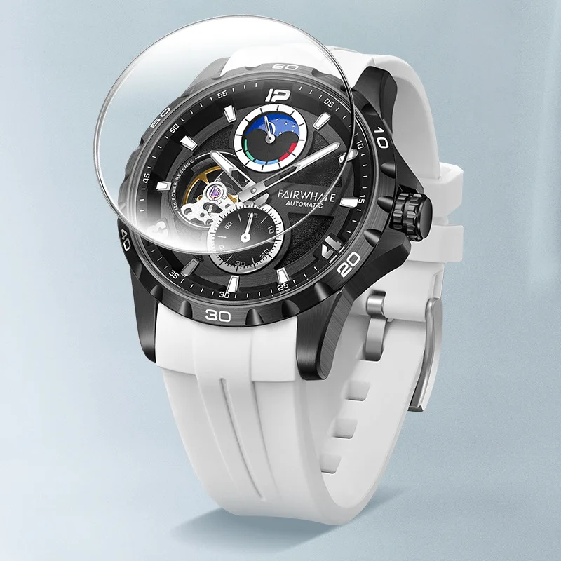 Mark Fairwhale Brand Fashion Mechanical Watches Men Sports Silicone Tourbillon Clock Luxury Moon Phase  Automatic Watch Reloj