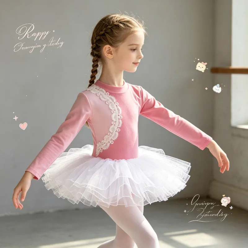 

Ballet High Neck Long Sleeve Color Block 2Pcs Tutu Set Shaping Outfit Studio Stage Wholesale Stretch Performance Dance Apparel