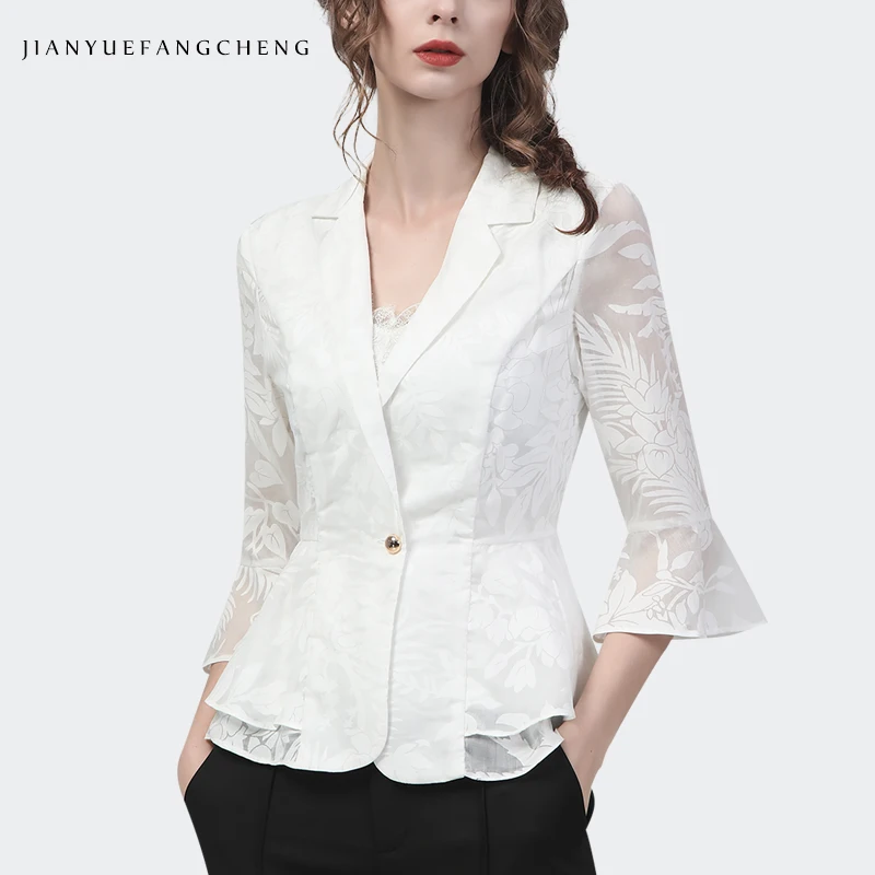 2022 Spring Summer Chiffon Jacquard Women Blazer Elegant Slim Short Thin Coat Single-Button Casual Work Wear Suit Collar Jacket