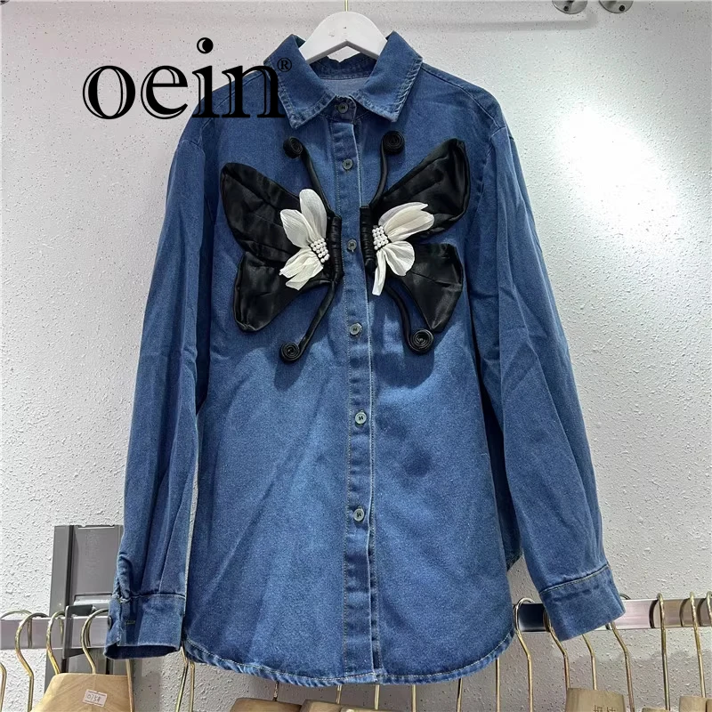 

[oein] 2024 Autumn New Heavy Industry Splicing Three Dimensional Bow Decorative Loose And Versatile Denim Shirt For Women