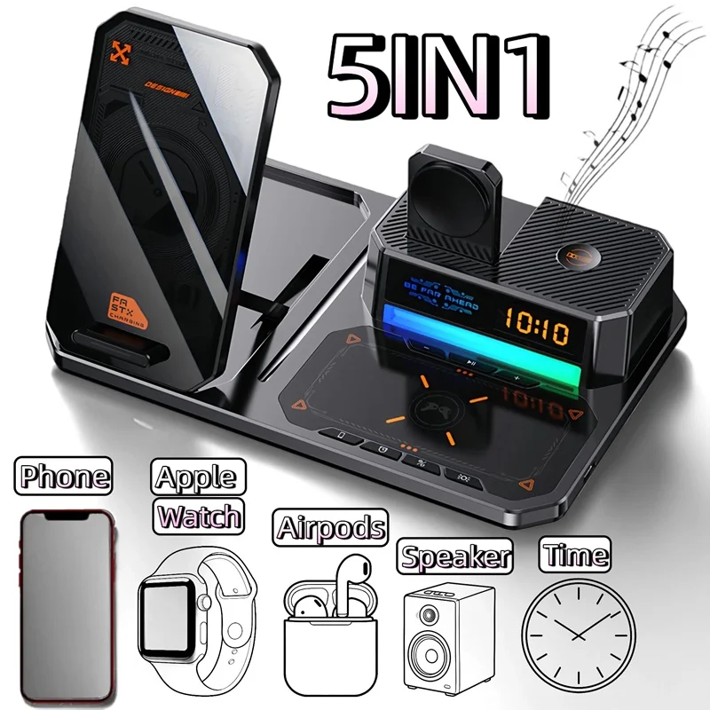

30W Digital Clock Wireless Charger RGB Light Bluetooth Speaker Fast Charging Station for Iphone Airpods Pro Apple Watch Stand