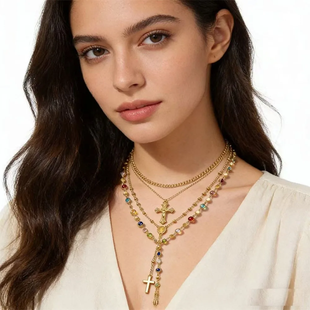

Gold Layered Cross Y Necklace, Multicolor CZ Beaded Rosary Chain Multi Layer Religious Pendant Stackable Necklace for Women