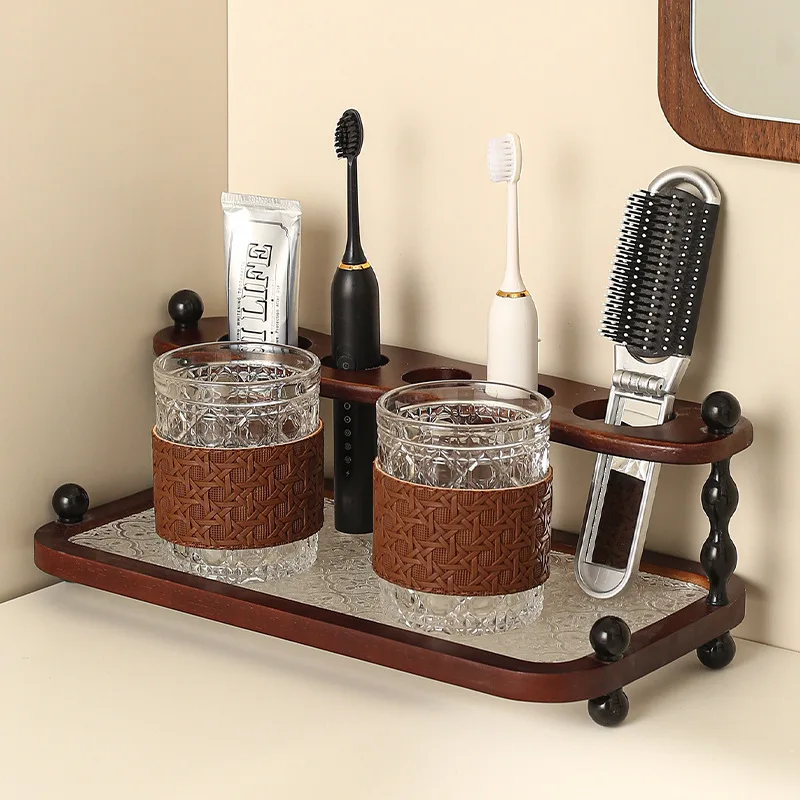 

Natural Wood Toothbrush Tray for Hotel Bathroom Countertop, Bamboo Mouthwash Cup Caddy, Space-Saving Eco Airbnb Bath Set